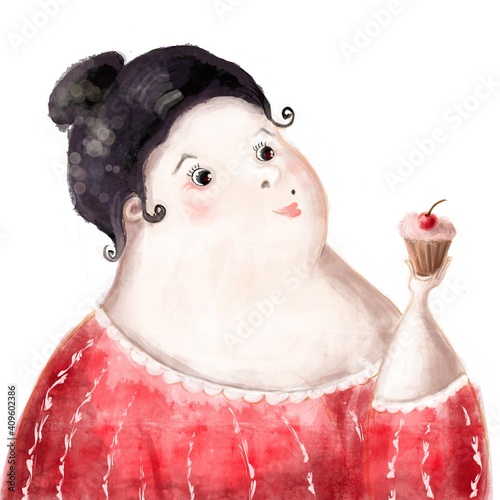 fat lady with a cake, funny watercolor illustration
