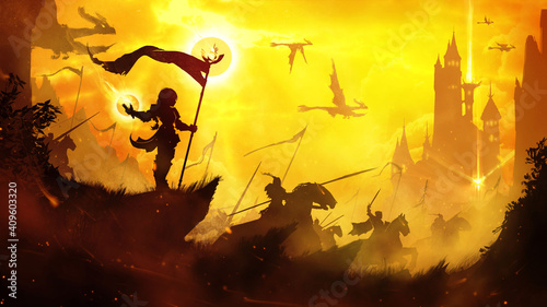 Dekoracja na wymiar  silhouette-of-a-little-girl-with-a-flag-standing-in-a-battle-calling-pose-under-her-command-an-army-of-knights-on-horseback-and-dragons-flying-through-the-yellow-sky-2d-illustration