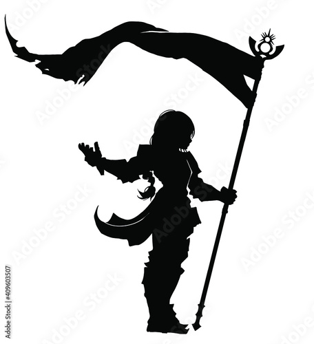 A black silhouette of a little girl standing in a battle-calling pose with a flag fluttering in the wind. 2d illustration