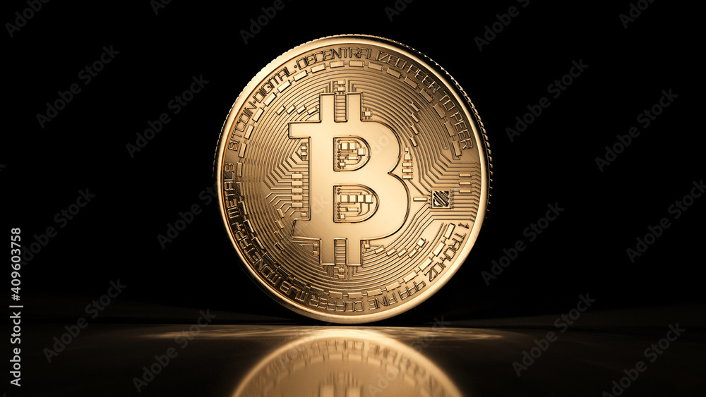 Golden bitcoin coin on black reflective background. Popular digital currency. Cryptocurrency created, distributed, traded, and stored in decentralized ledger system known as a blockchain. Golden bitcoin coin on black reflective background. Popular digital currency. Cryptocurrency created, distributed, traded, and stored in decentralized ledger system known as a blockchain.