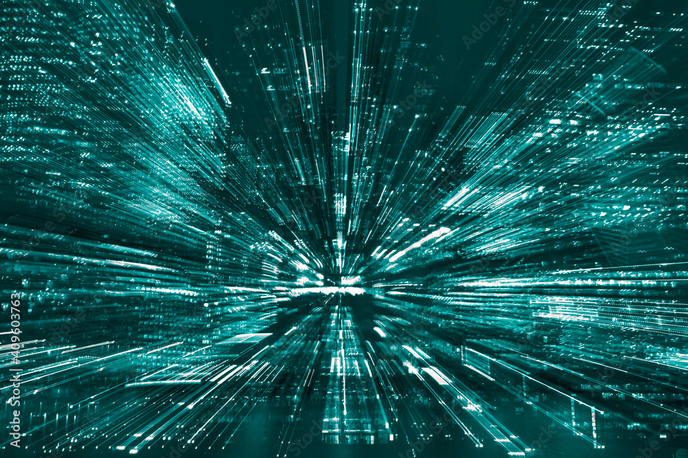Obraz premium Hi-tech abstract green background. Cityscape of skyscrapers of Moscow City Zooming. High quality photo