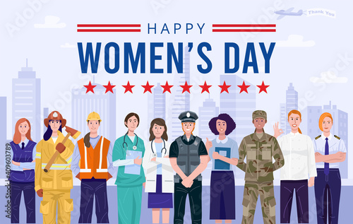 International women's day. Group of women with various occupations. Vector