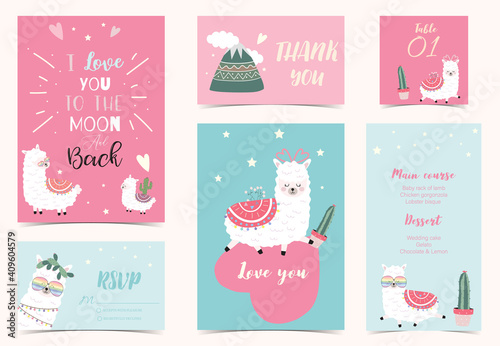 Collection of llama with cactus.Editable vector illustration for website, invitation,postcard and banner