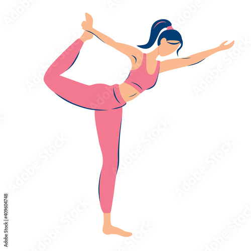 The girl is engaged in yoga. Natarajasana Pose. Flat modern illustrations for beauty, spa, wellness, natural products, cosmetics, body care. Vector illustration. Isolated white background.