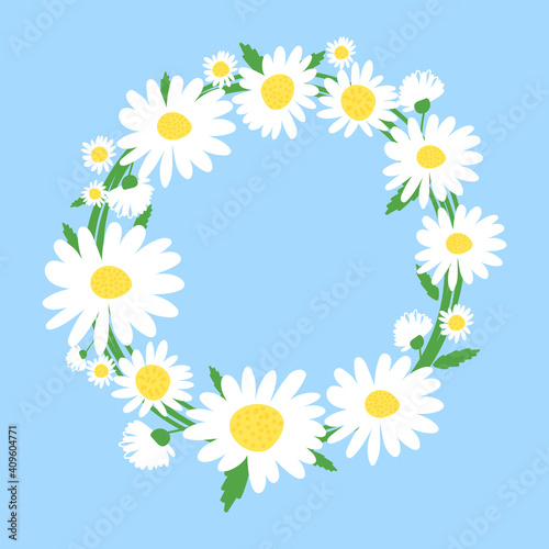Wreath of chamomile flower on deep blue background vector illustration. Midsummer holiday background concept.