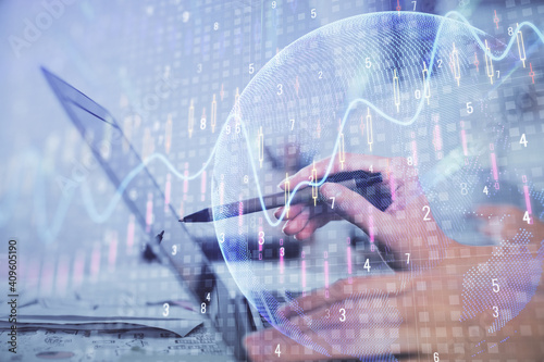 Wallpaper Mural Multi exposure of woman hands typing on computer and financial graph hologram drawing. Stock market analysis concept. Torontodigital.ca