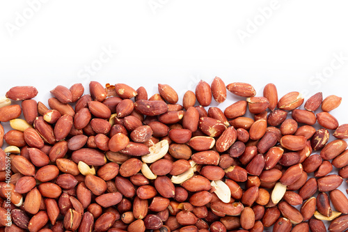 Peanut on white background. Beer snacks. Healthy food concept.