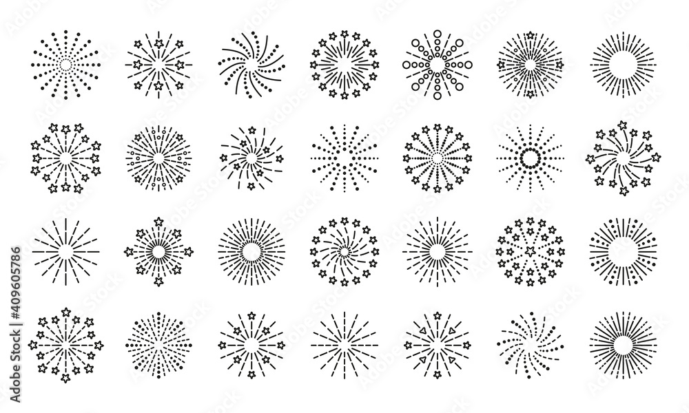 Firework icon. Line sparkle explosion. Happy new year shiny symbol. Set of burst stars and sparks. Vector illustration. Outline birthday party elements isolated on white background.