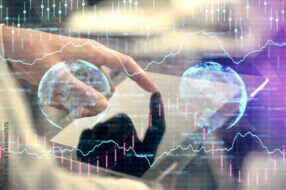 Multi exposure of man's hands holding and using a phone and financial chart drawing. Market analysis concept. Multi exposure of man's hands holding and using a phone and financial chart drawing. Market analysis concept.