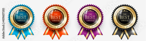Premium quality / Best choice medals set. Realistic golden labels - badges, best choice with ribbon. Realistic icons isolated on transparent background. Vector illustration EPS10