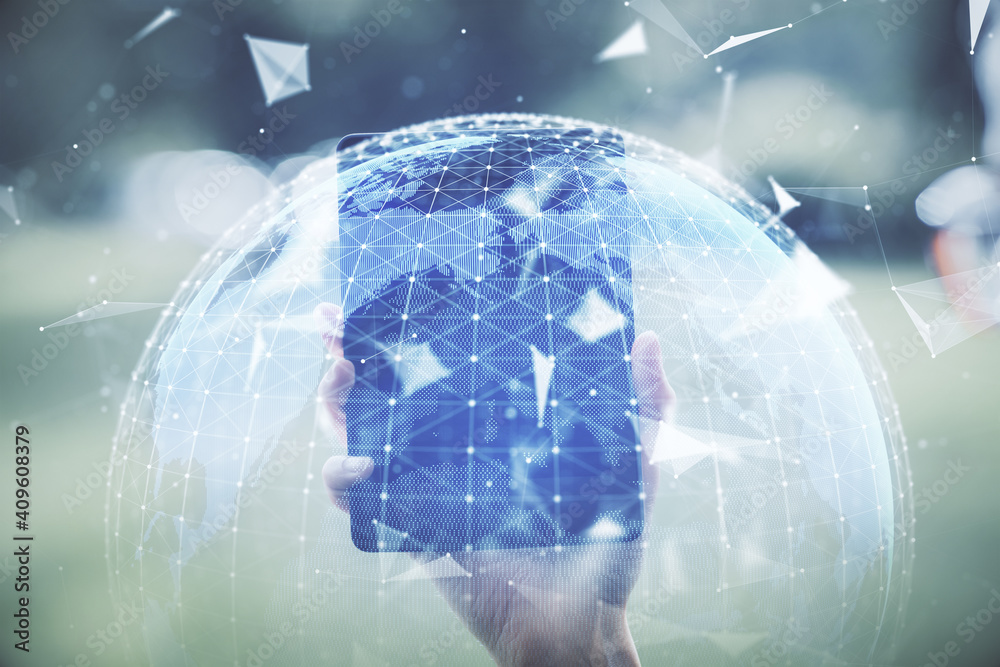 Double exposure of business theme sketch hologram and woman holding and using a mobile device. Double exposure of business theme sketch hologram and woman holding and using a mobile device.