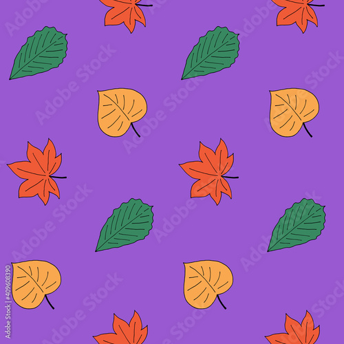 Autumn style seamless pattern with different leaves. Birch, maple and oak. Yellow, green and orange colors. Fall card, print for fabric, wallpaper, textile, gift wrap and clothes. Endless design