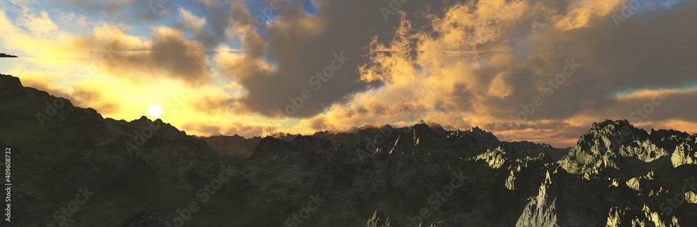 Sunset over the rocks, mountain landscape at sunset, 3D rendering