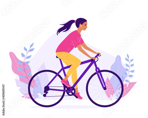 Young happy woman rides a bicycle in sportswear. The concept of outdoor activities in the city, cardio exercise, healthy lifestyle. Eco-friendly vehicle. Cartoon vector illustration isolated on white