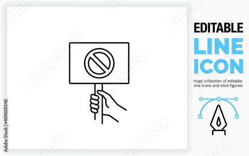 Editable line icon of a person holing a protest sign