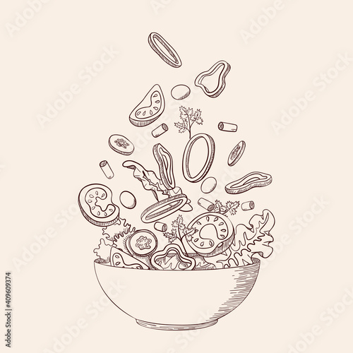 Fresh vegetable salad in sketch line style. Concept cooking organic healthy vegan, vegetarian, dietary, vitamin dish with farm products. Tomato, cucumber, bell pepper. Isolated vector illustration