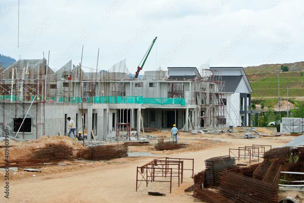 SEREMBAN, MALAYSIA -APRIL 09, 2020: New double story luxury terrace house under construction in Malaysia.  Designed by an architect with a modern and contemporary style. 