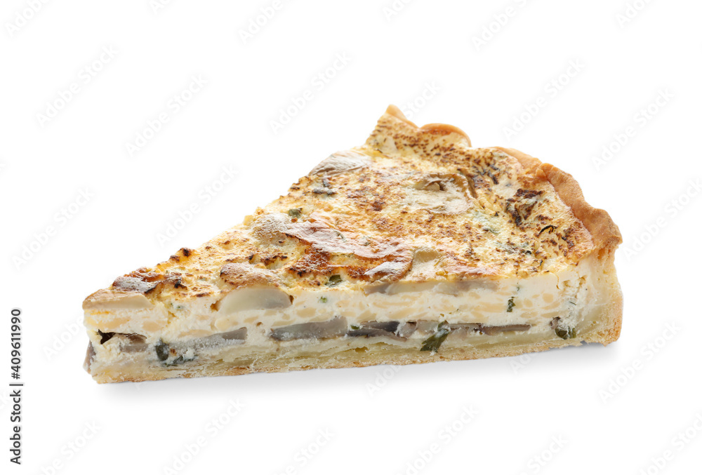 Delicious pie with mushrooms and cheese isolated on white