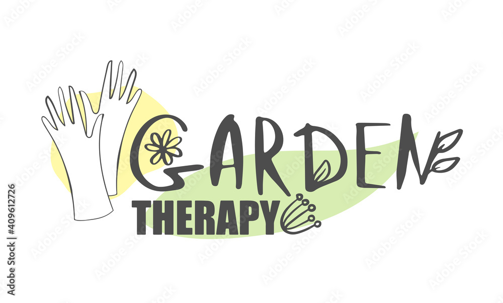 Vector line art with accent color. Lettering composition on the theme of the home garden. Logo, background, splash, wallpaper, website.