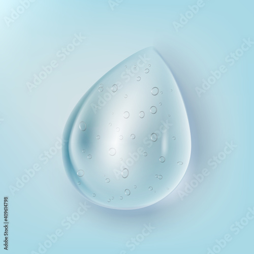 Clear Liquid Gel Drop With Bubbles On Blue Back