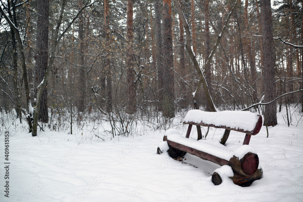 snow-covered bench in the winter forest snow-covered bench in the winter forest