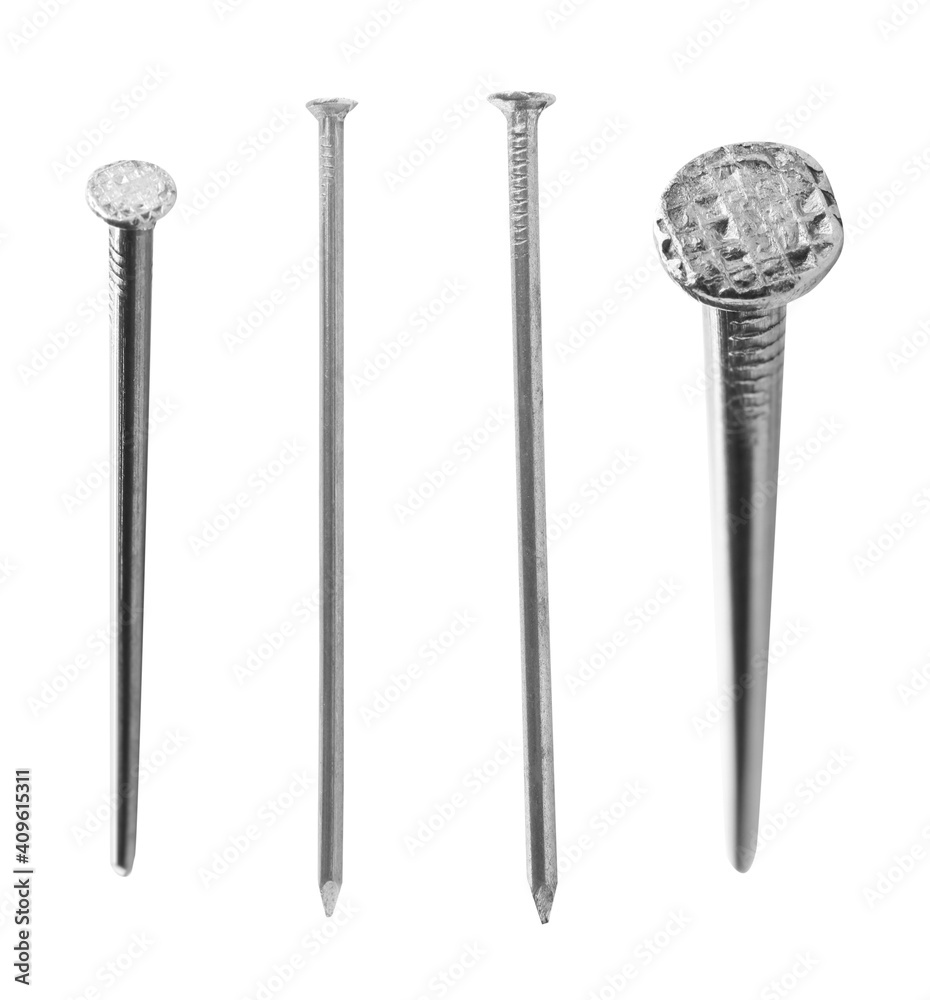 Set with sharp metal nails on white background Set with sharp metal nails on white background