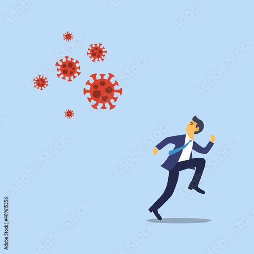 Businessman running away from COVID-19 in flat design. Stock market panic sell from coronavirus pandemic crisis.