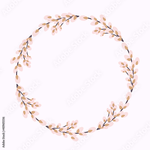 Willow wreath. Round frame made of willow twigs.Easter wreath made of willow stalks.Design for postcards, printing.