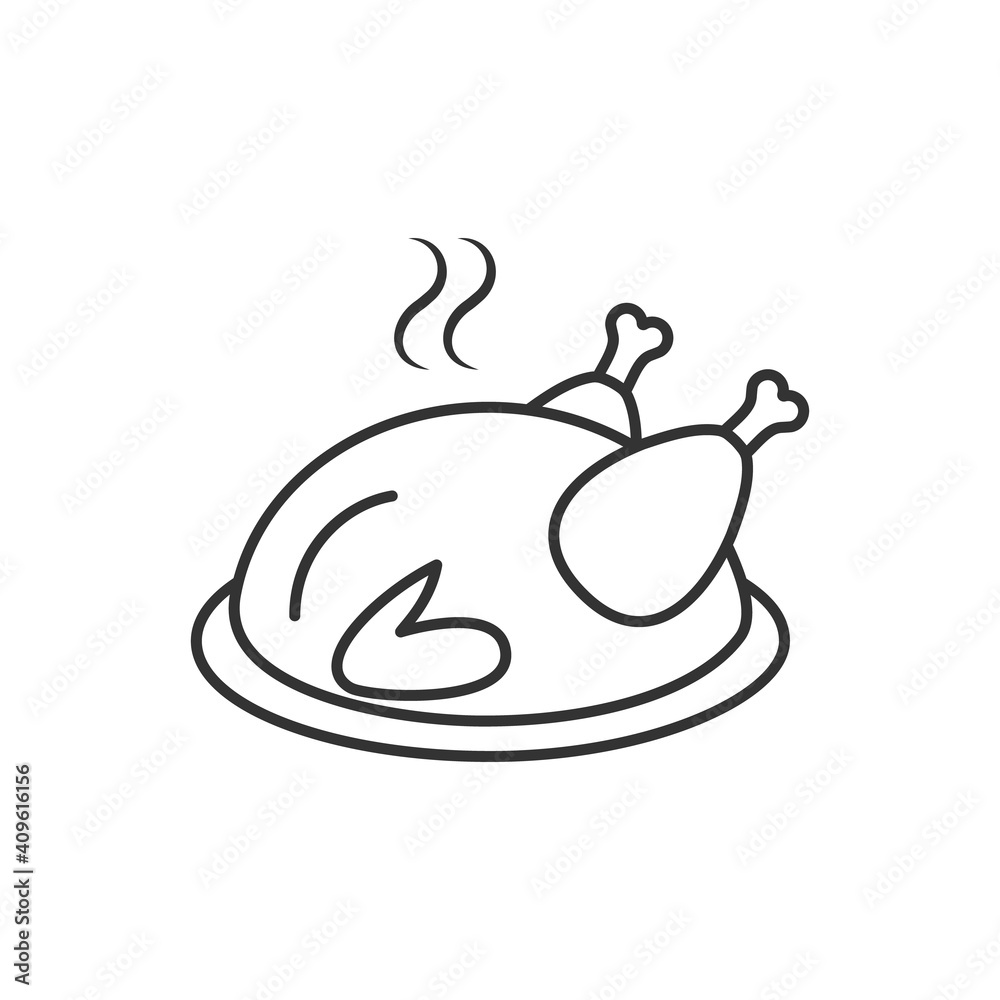 Whole chicken cooked lying on a plate linear outline empty icon vector illustration. Whole chicken cooked lying on a plate linear outline empty icon vector illustration.