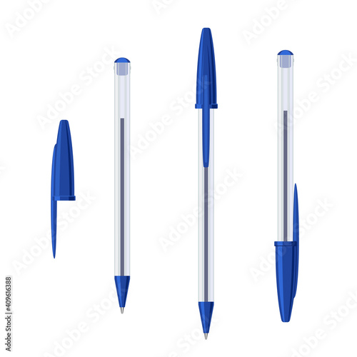 Common blue ballpoint pen in transparent plastic case set. Vector illustration photo