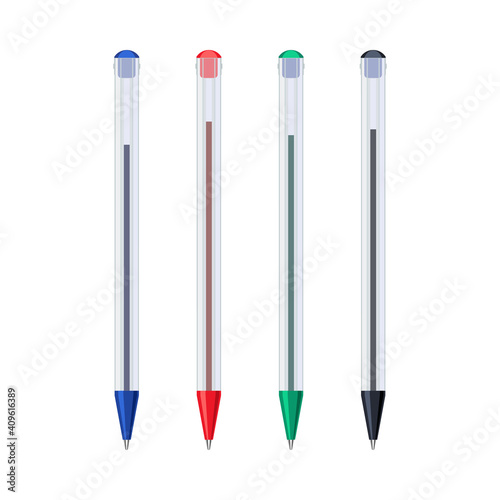 Common colored ballpoint pens in transparent plastic cases set. Vector illustration
