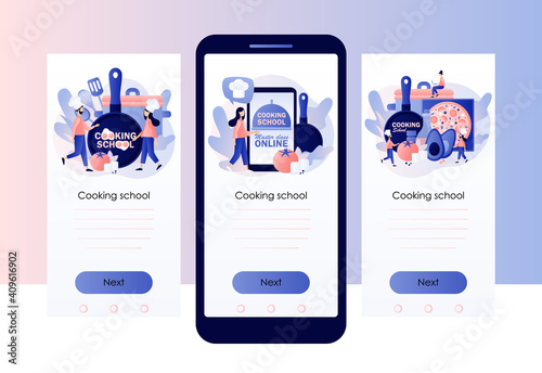 Cooking school. Culinary master class online. Tiny chef in hat with kitchen tools and foods. Screen template for mobile smart phone. Modern flat cartoon style. Vector illustration on white background