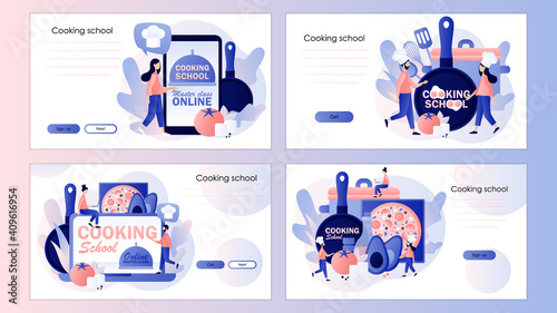 Cooking school. Culinary master class online. Tiny chef with kitchen tools and foods. Screen template for mobile smart phone, landing page, template, ui, web, mobile app, poster, banner, flyer. Vector © Marta Sher