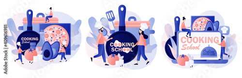 Cooking school - text on kitchen frying pan. Culinary master class online. Tiny chef in hat with kitchen tools and foods. Modern flat cartoon style. Vector illustration on white background