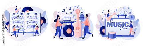 Music and vocal lessons. Online education. Tiny musicians with music notebook, microphone, guitar, keyboard, drum. Modern flat cartoon style. Vector illustration on white background