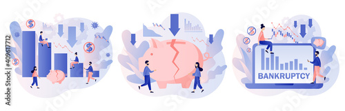 Business bankruptcy. Broken piggy bank. Economical loan payback problem, investment failure and budget collapse. Financial crisis. Modern flat cartoon style. Vector illustration on white background