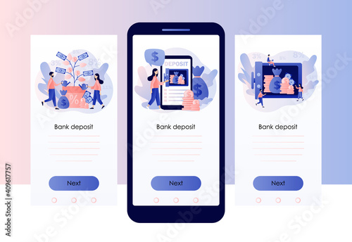Deposit concept. Longterm money saving finance. Tiny people put money in bank safe with dollars. Bank account, money tree. Screen template for mobile smart phone. Modern flat cartoon style. Vector 