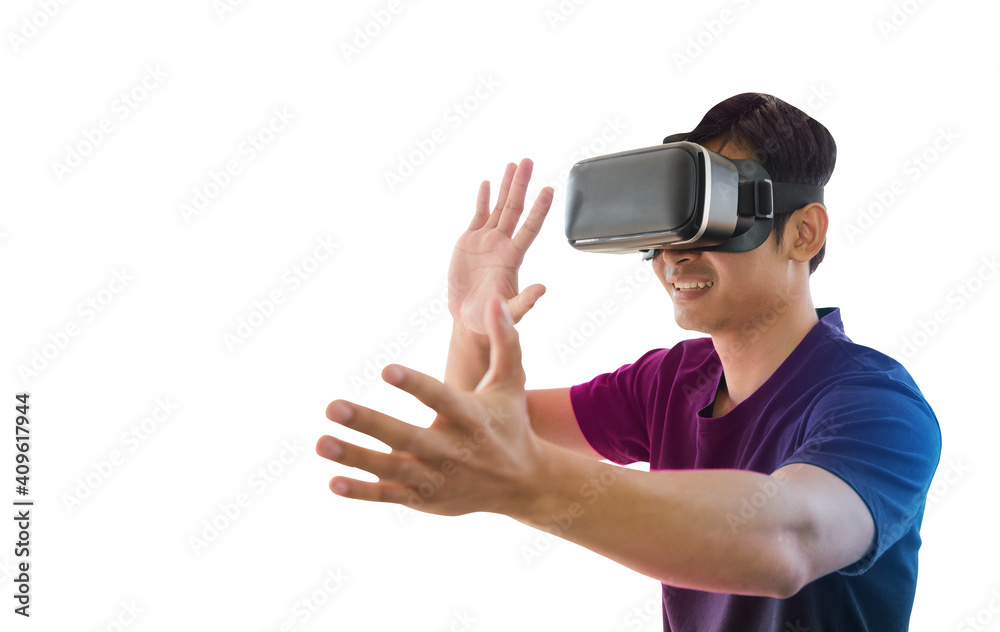 Young Asian man getting experience with VR virtual reality headset or 3D glasses isolated on white background. technology, gaming, entertainment concept Young Asian man getting experience with VR virtual reality headset or 3D glasses isolated on white background. technology, gaming, entertainment concept