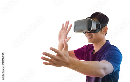 Young Asian man getting experience with VR virtual reality headset or 3D glasses isolated on white background. technology, gaming, entertainment concept