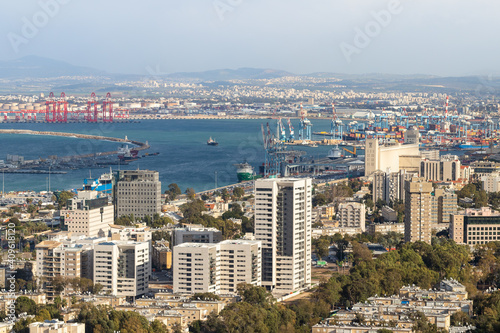 View from Mount Carmel to the downtown  the port and the Mediterranean Sea and Haifa city  in Israel.