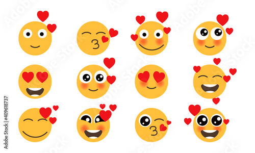 Eyes love set emoticons yellow face. Vector collection fun yellow loving humor mood with hearts. Cartoon emoji character face kiss and flirt. Funny avatar illustration isolated white icon