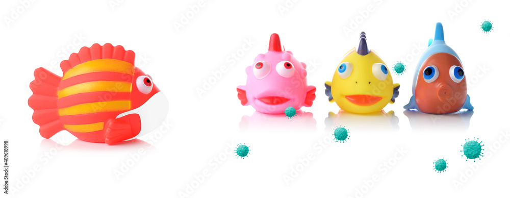 colorful fish in face mask among other three without face mask with coronavirus effect, concept of resilience in healthcare during COVID-19, wearing mask properly covering over nose and mouth colorful fish in face mask among other three without face mask with coronavirus effect, concept of resilience in healthcare during COVID-19, wearing mask properly covering over nose and mouth
