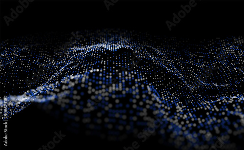 Abstract blue and white particles background. Flow wave with dot landscape. Digital data structure. Future mesh or sound grid. Pattern point visualization. Technology vector illustration.