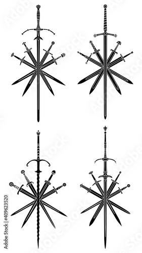 Set of simple black vector images of five crossed swords with medieval two-handed sword in center.