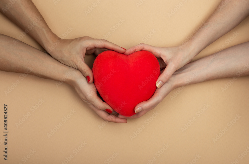 Obraz premium LGBT concept. Women hands holding red heart on beige background with copy space. Hands of homosexual couple on set sail champagne color. Same sex love. Lesbi Valentines card