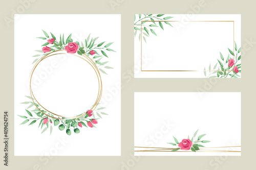 Green leaves and roses -- set of templates for invitations.  Vector illustration, frame, backgrounds with design element in watercolor style.	