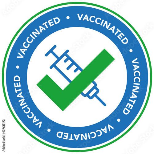 Vaccinated badge with syringe and tick symbol.