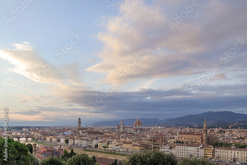 Lookout at sunset from Michelangelo Square in Florence, Italy. © Davide