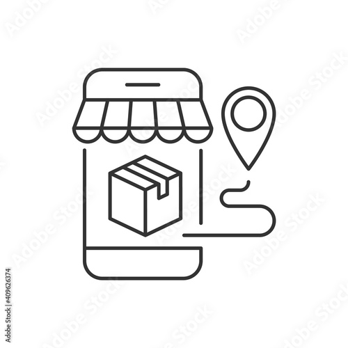 Package delivery from mobile shopping linear icon. Editable stroke