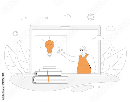 Online education. Digital learning. Teacher gives a lecture on computer screen. Internet webinar or online video training. Vector color line art illustration.